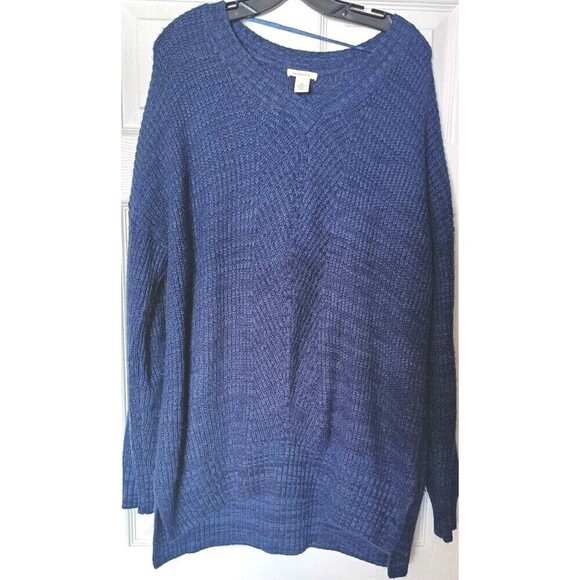 Westbound Sweaters - Westbound Knit Tunic V-neck  Sweater Size XL Blue Ribbed Side Splits Relaxed